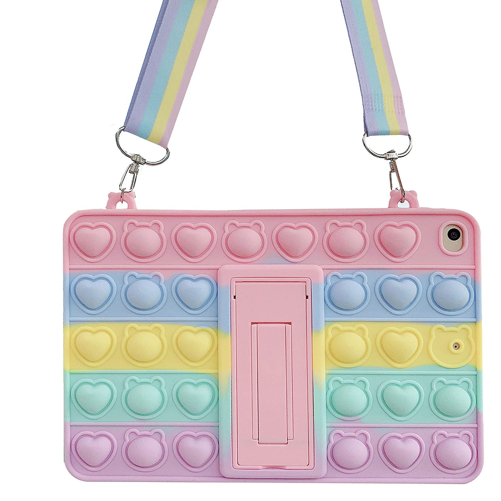 Ffish Case for iPad 10.2 Inch 2021 2020 2019 (9th /8th /7th Generation), Push Bubble Fidget Stress Relief and Anti-Anxiety Protection Cover with Stand + Strap, Rainbow