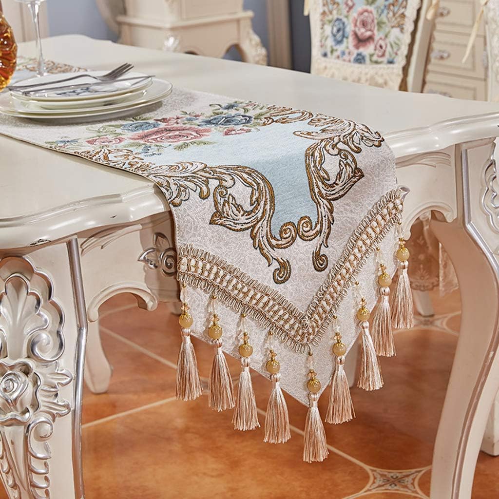 Beaded Multi-Tassel Table Runner Luxury Thick Runners for Tv Cabinet Shoe Bed Non-Slip Placemats Family Dinner Holiday Birthday Party Decoration-blue8-32×160cm