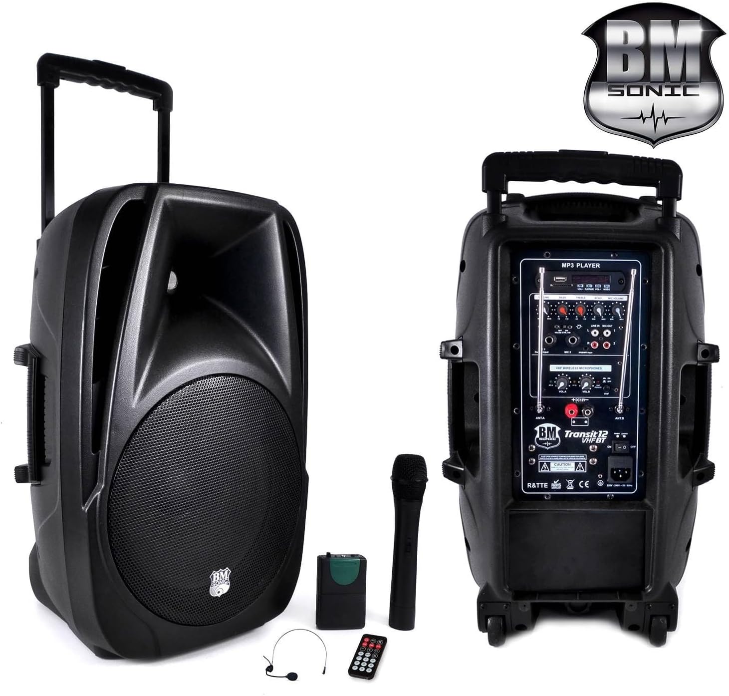 BM Sonic Transit Bluetooth Portable Speaker with Built-In Battery/Microphone VHF/Remote Control/USB/SD Black 12" black