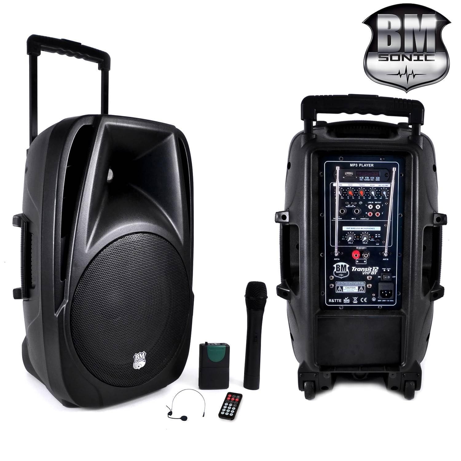BM Sonic Transit Bluetooth Portable Speaker with Built-In Battery/Microphone VHF/Remote Control/USB/SD Black 12" black