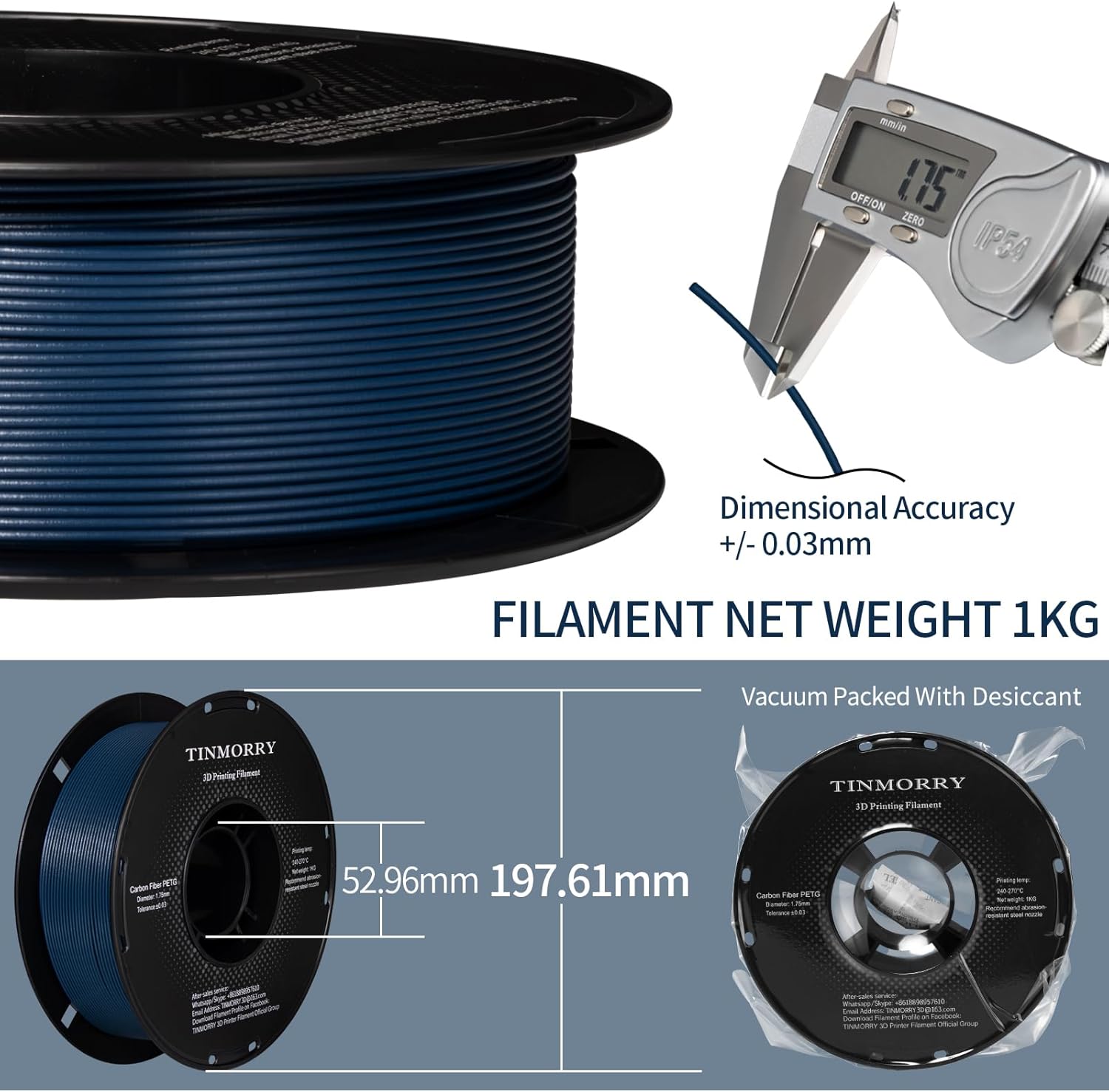 TINMORRY Carbon Fiber PETG Filament 1.75 mm, High Rigidity & Strength PETG CF 3D Printer Filament, Compatible with Most FDM 3D Printers, 1 KG 1 Spool, Blue