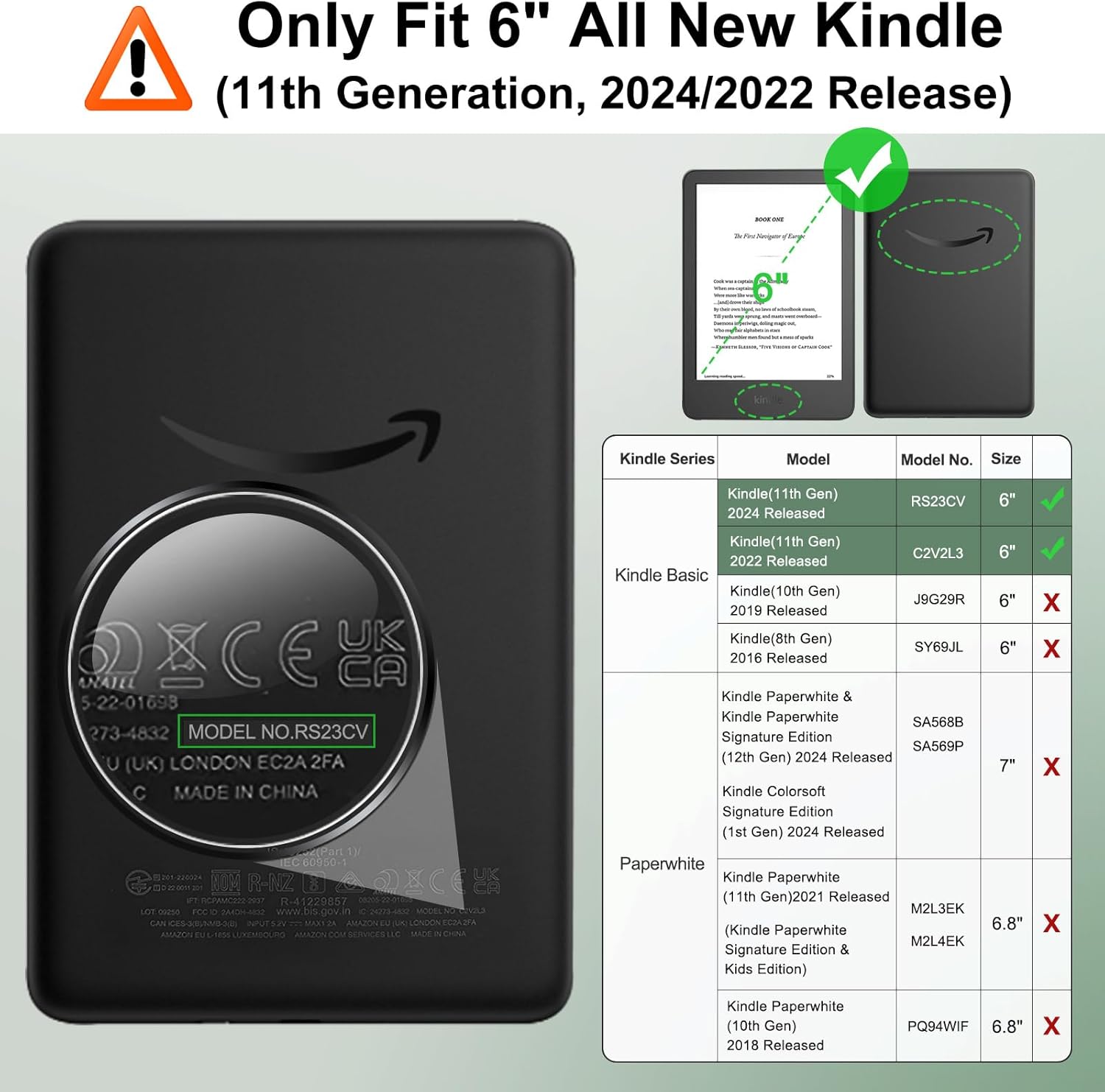 MoKo 360° Rotating Case for 6" All-New Kindle (11th Generation-2024/2022 Release), Clear Back Detachable Magnetic Protective Adjustable Stand Cover with Auto Wake/Sleep, Midnight Green