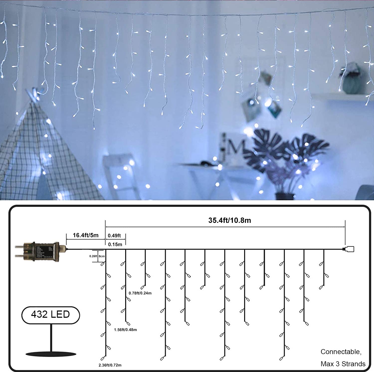 Qedertek Luci Natale Esterno Cascata 10M 432 LED Tenda Luminosa Bianco, Luci Natalizie da Esterno con Telecomando, 8 Modalità, Timer Luci Decorazione Natale per Feste, Finestra, Balcone