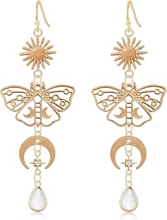 Unique Chic Gothic Boho Sun and Moon Dangle Drop Earrings Bohemian 14k Gold Goth Crescent Moon Star Mushroom Pendant Celestial Earrings for Women Christmas Jewelry Gift