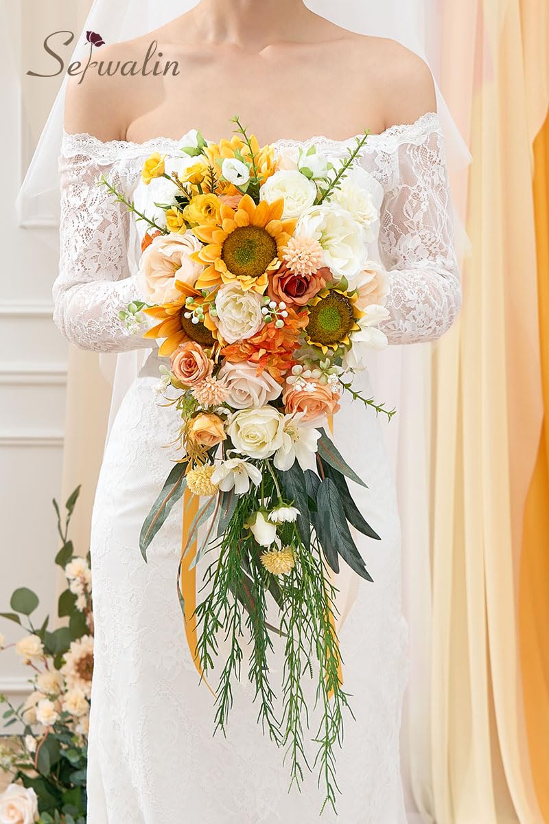 Serwalin Bouquets de mariage de 27,9 cm pour demoiselle d'honneur, bouquets de mariée blancs pour mariée, bouquet de fleurs de mariage, bouquet à lancer, bouquet de cérémonie de mariage et décoration