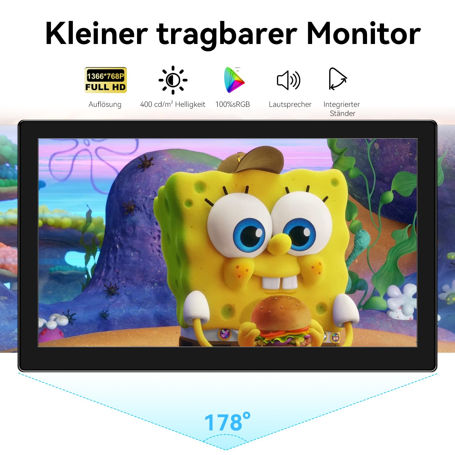 10,1 Zoll Klein Tragbarer Monitor IPS Touchscreen, 1366x768, 400cd/m², 99% sRGB HDMI USB C