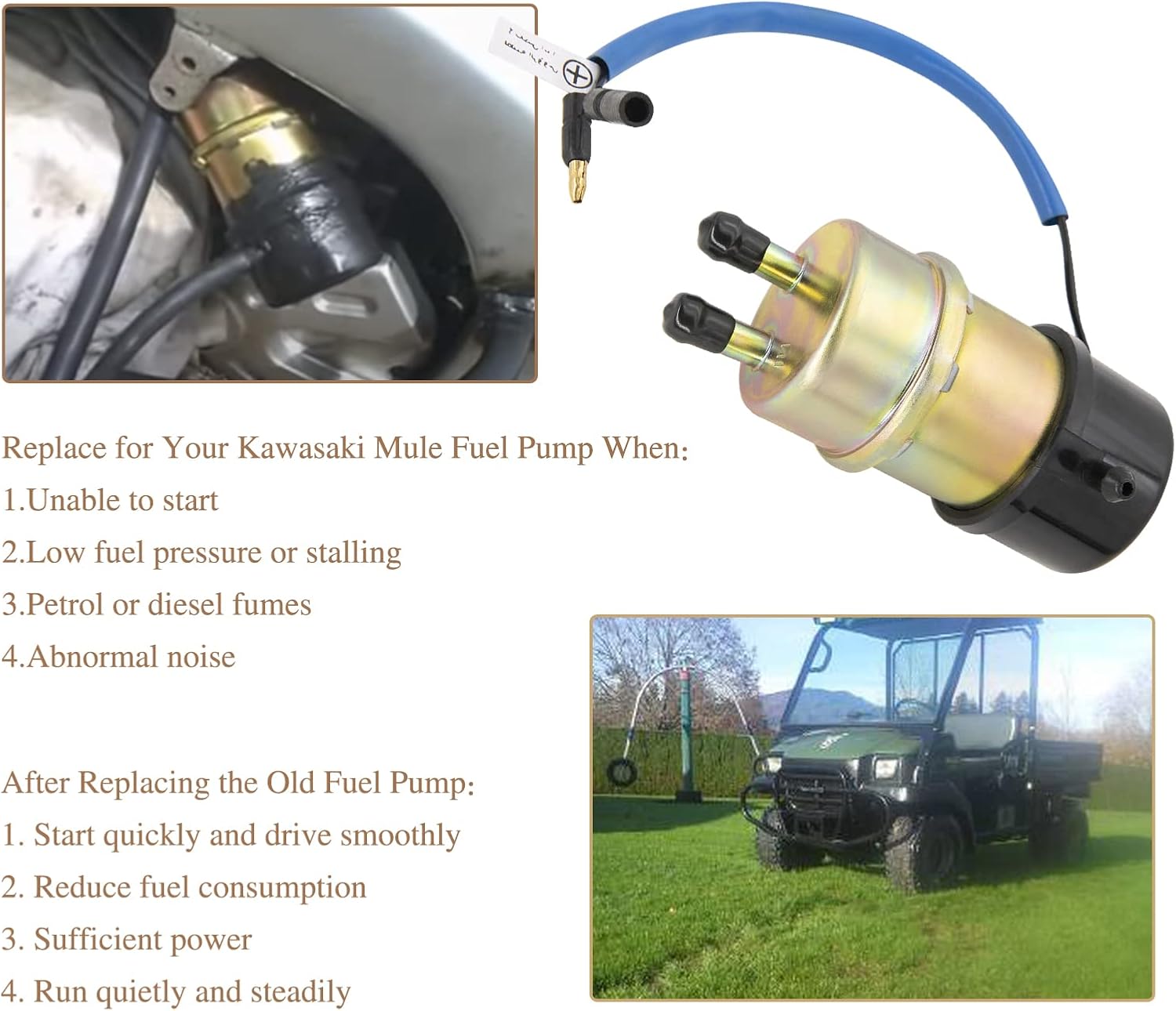 49040-1055 Electric Fuel Pump 12V, Replaces for Kawasaki Mule 3010/3000/3020/2500/2510/2520/1000 (8mm In/Outlet)