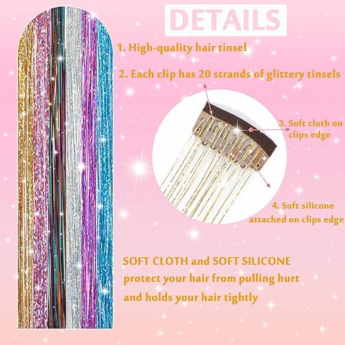 Miniatura 3 de 12 piezas de extensiones de cabello de oropel con clip, 24 pulgadas, kit de extensiones de cabello de oropel con purpurina brillante, accesorios
