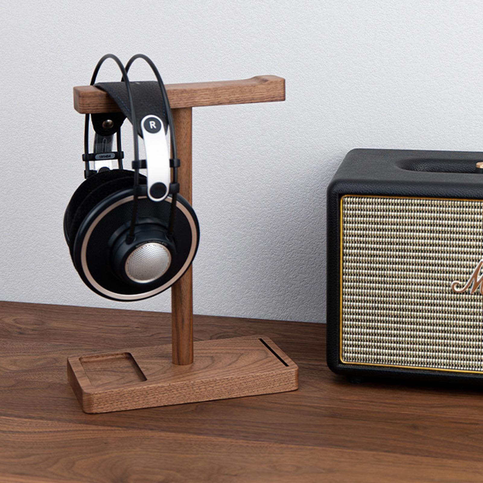 Supporto per cuffie in legno – Supporto da scrivania in noce nero | per cuffie da in legno massiccio | Organizzatore di audio elegante per la configurazione dello studio di ufficio,