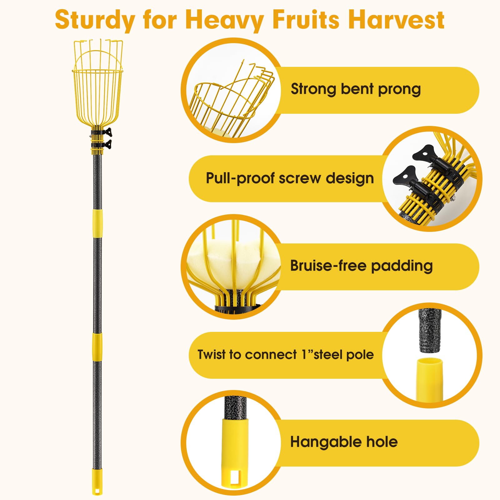 Raccogli Frutta con Palo -305 cm - Raccolta Frutta, Raccoglifrutta Regolabile in Altezza, Strumento per Raccolta Frutta ad alte Prestazioni, con Cesto di Frutta