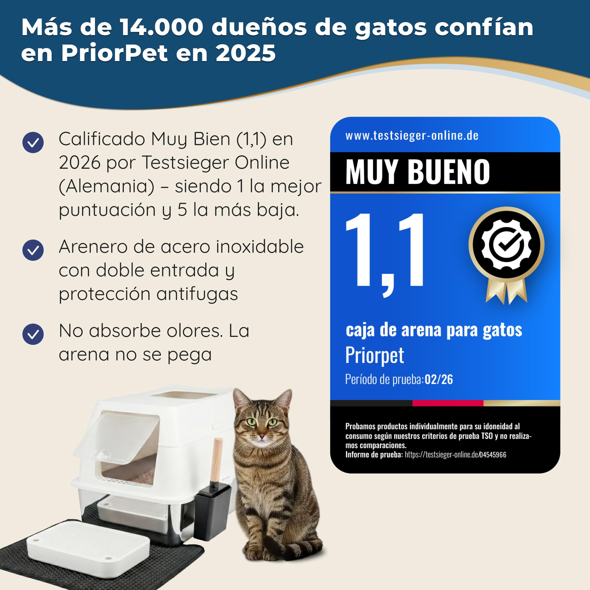 Arenero Gato Acero Inoxidable XXL – Arenero Acero Inoxidable Cerrado de Doble Entrada con escalón, Pala y Alfombrilla – Fácil de Limpiar, antiolores, Caja de Arena para Gatos Grandes - Beige