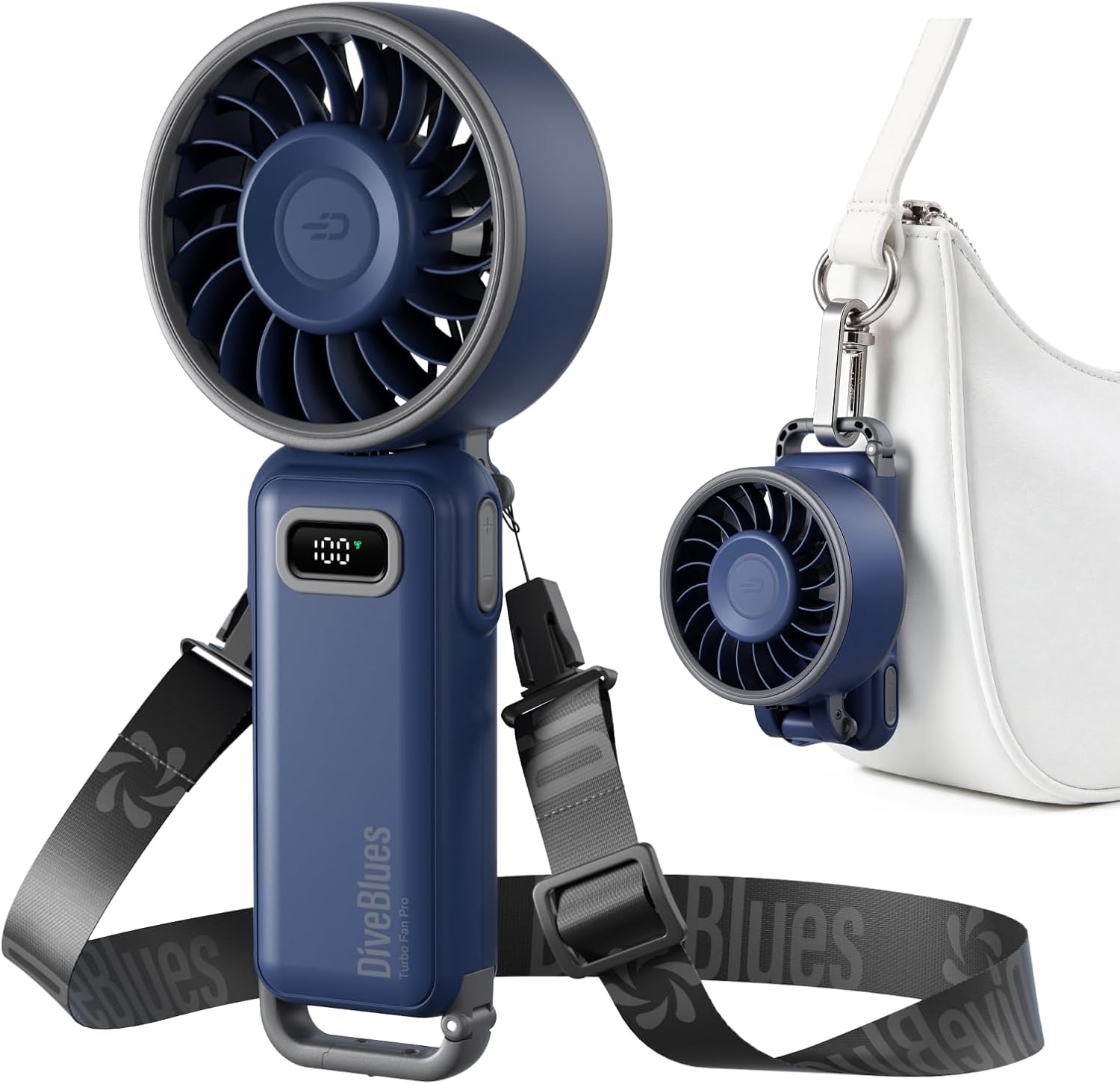 Diveblues Portable Handheld Fan, 7.4m/s High Speed Turbo Fan, 180° Foldable 4-in-1 Personal Neck Fan Integrated Carabiner Clip, 100 Speed Stepless Control, USB-C Rechargeable, 12H Battery, Fanzy D6036