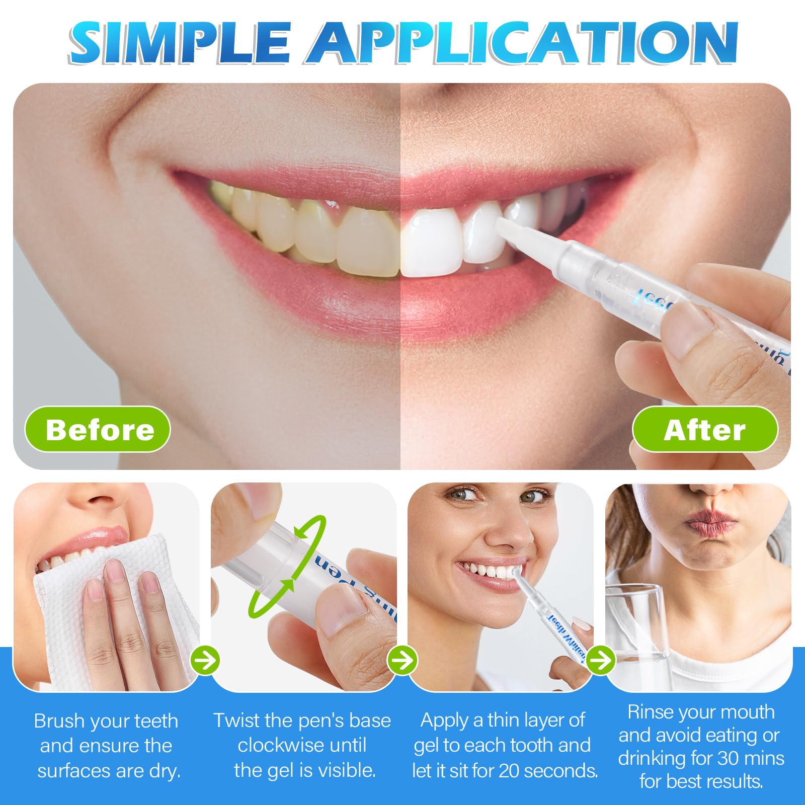 Penna Sbiancante Dei Denti 4-Pack, Gel Sbiancante Dei Denti – Veloce, Delicato, Rimuove Anni Di Macchie - Sicuro Per Smalto - Formula 100% Naturale, Non Tossico, Facile Da Usare, Facile Da Viaggiare