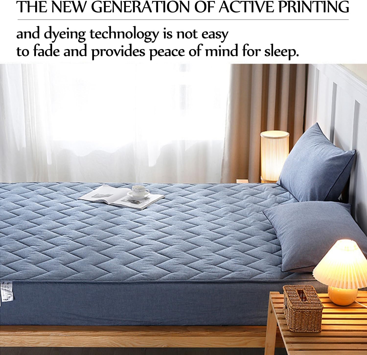 Queen Soft Mattress Protector Deep Pocket Fitted Sheet Breathable Non-Slip Non Pilling Mattress Protective Cover for Bed Wash Cotton Quilted Fitted Sheet,Light Blue,120x200cm