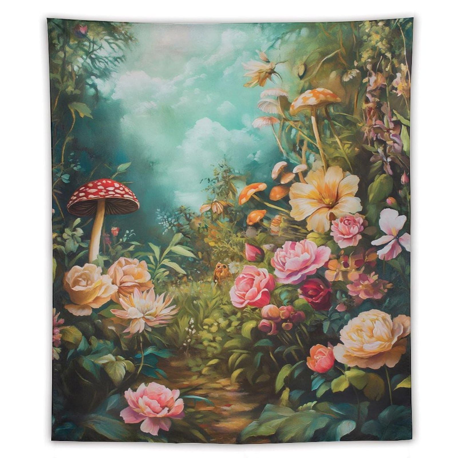 Whimsical Mushrooms Flower Meadow Tapestry Wall Hanging Fantasy Botanical Garden Art For Bedroom Living Room Dorm Apartment Cottagecore Boho Woodland Storybook Decor50 x60 Tapestry