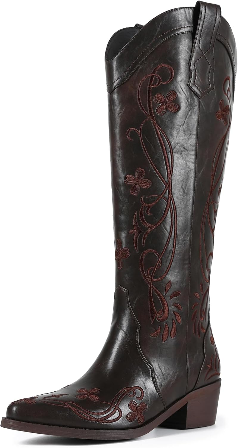Cowboy Boots for Women Knee High Cowgirl Boots with Floral Embroidered Pointed Toe Low Chunky Heel Pull On Vintage Western Country Tall Boots-Wide Calf Friendly