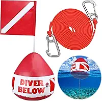 Maitys 2 peças de bandeira de mergulho de PVC resistente flutuante, conjunto de corda de mergulho livre, flutuador de sinal inflável com bandeira de mergulho cordão de mergulho para mergulho com sinalização de esportes aquáticos natação barco pesca