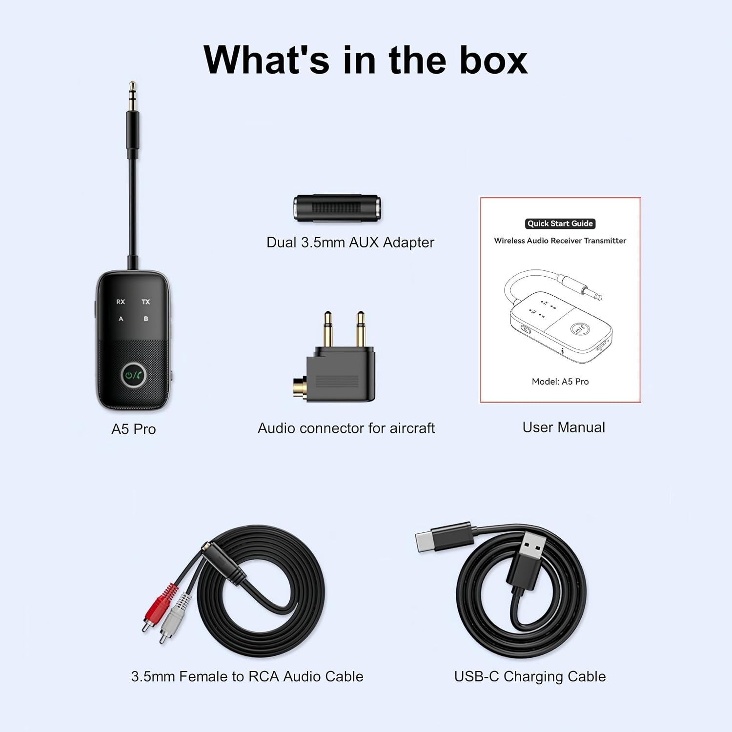 Contents of the PROW A5 Pro package including the device, various audio cables, and a user manual.