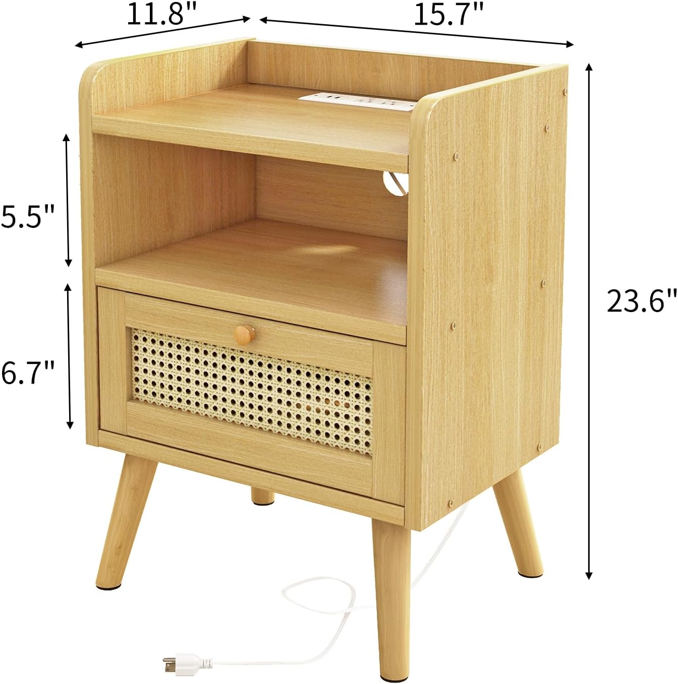 Diagram showing the dimensions of the Fixwal nightstand: 11.8 inches deep, 15.7 inches wide, and 23.6 inches high.