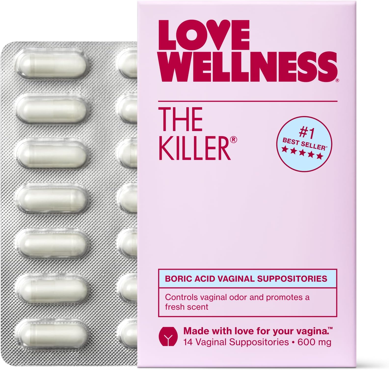 Love Wellness The Killer | Boric Acid Vaginal Suppositories | Balances pH & Supports Odor Control, a Healthy Vaginal Balance and Environment | Fast-Acting & Fragrance-Free | Gentle & Effective | 14 Ct