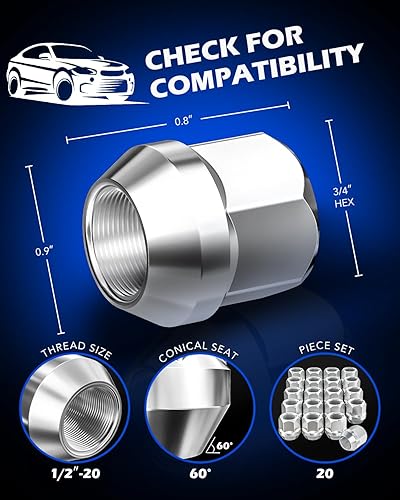 Vista 15 de Orion Motor Tech Tuercas de llanta de 1/2"-20 con asiento de cono, 3/4" 0.748 in hexagonal 1.38x0.87 pulgadas. Tuercas de rueda cromadas compatibles