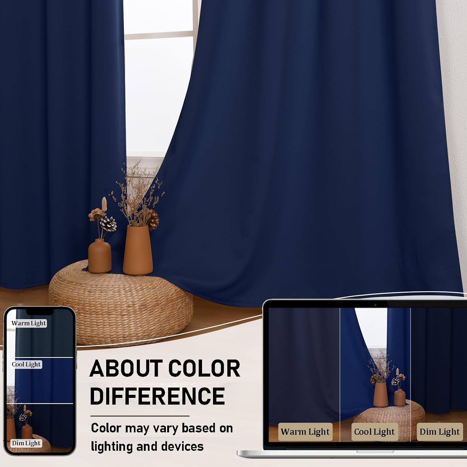 JIUZHEN Navy Blue Blackout Curtains with Tiebacks Thermal Insulated, Light Blocking and Noise Reducing Grommet Curtains for Bedroom and Living Room, Set of 2 Window Curtain Panels, 60 x 72 Inch Length