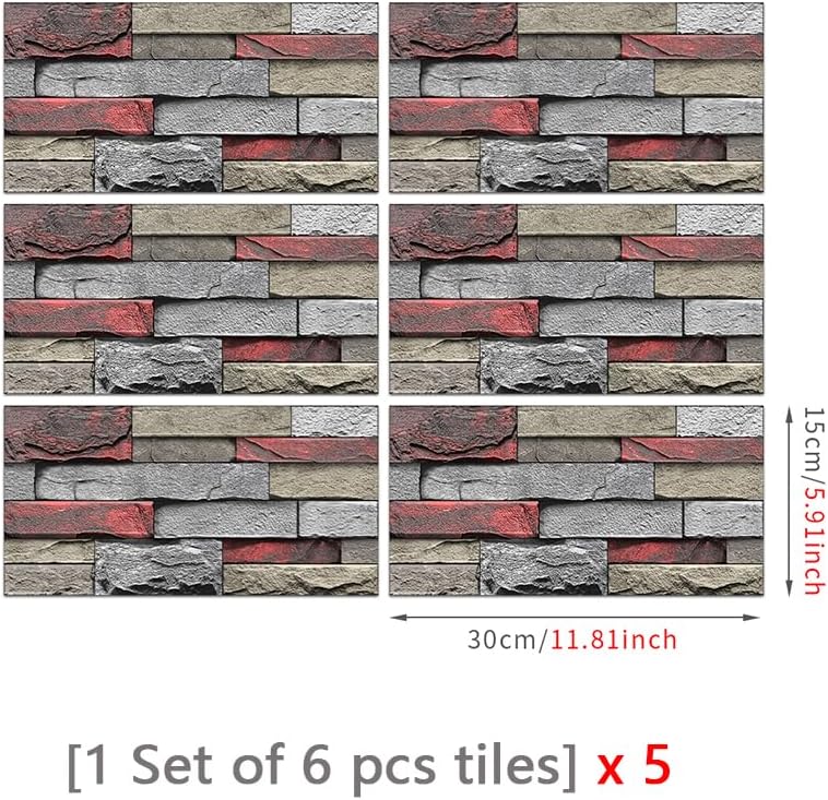 Retro Tile Sticker Peel and Stick Wallpaper, Stick On Backsplash Tiles for Kitchen Wall Tile Stickers Waterproof Bathroom Decals Self Adhesive Vinyl, red Gray Brick Wall Effect