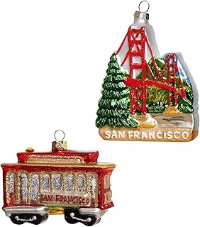 Hand Blown Glass San Francisco Christmas Ornament, Hand Painted Glass San Francisco Golden Gate Bridge and Cable Car Ornament for Christmas Tree