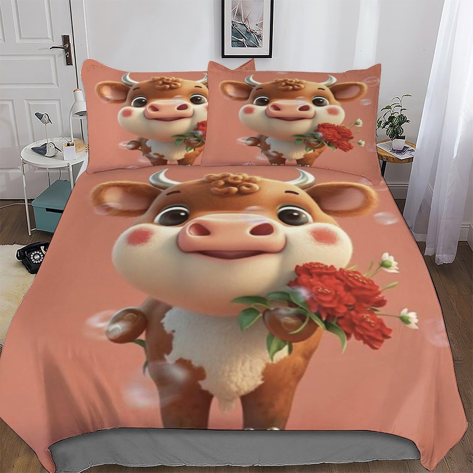 Housse de couette vache 220x240 sans repassage, parure de lit microfibre anti-plis grand lit