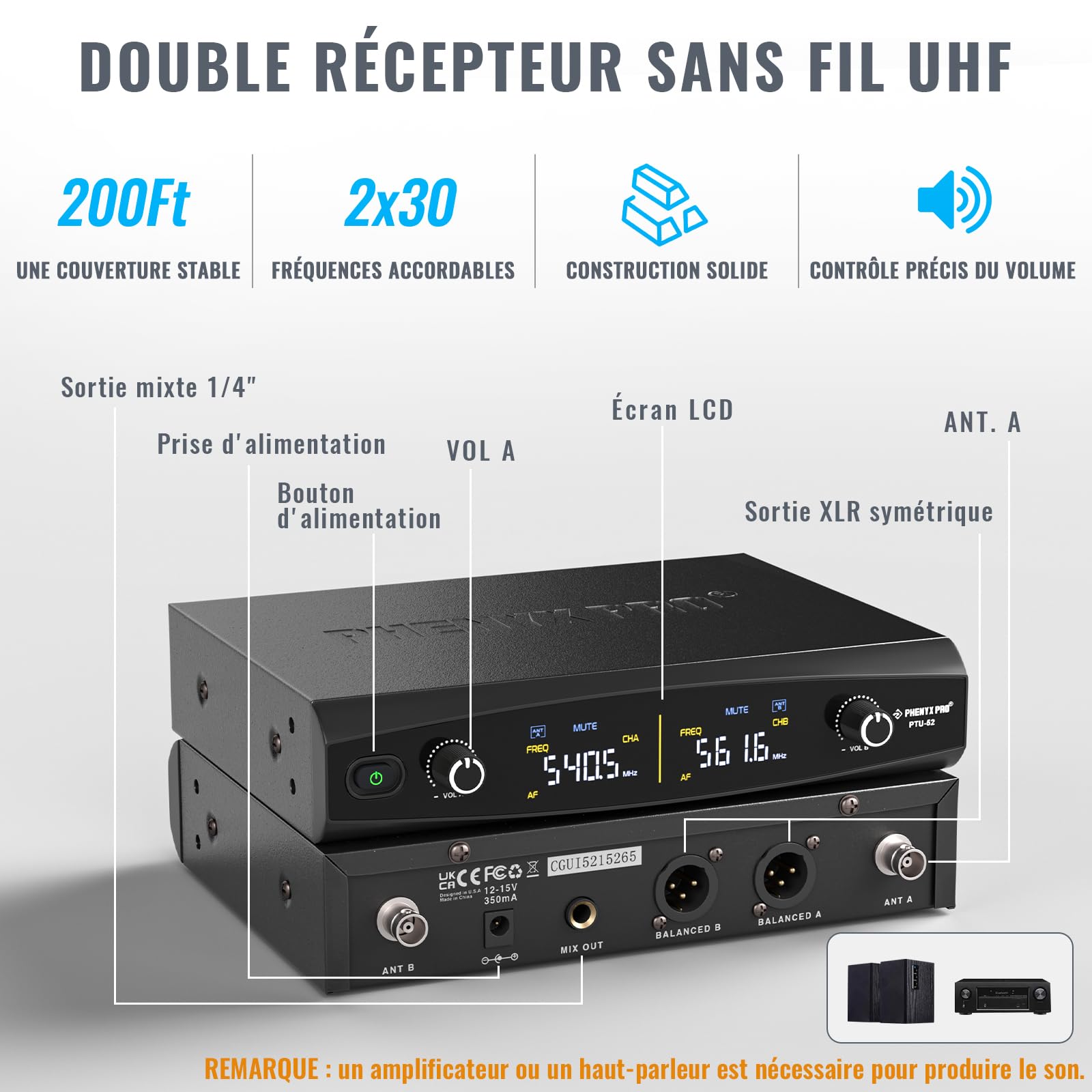 Phenyx Pro Système de Microphones sans Fil UHF Dual PTU-52-1H1B