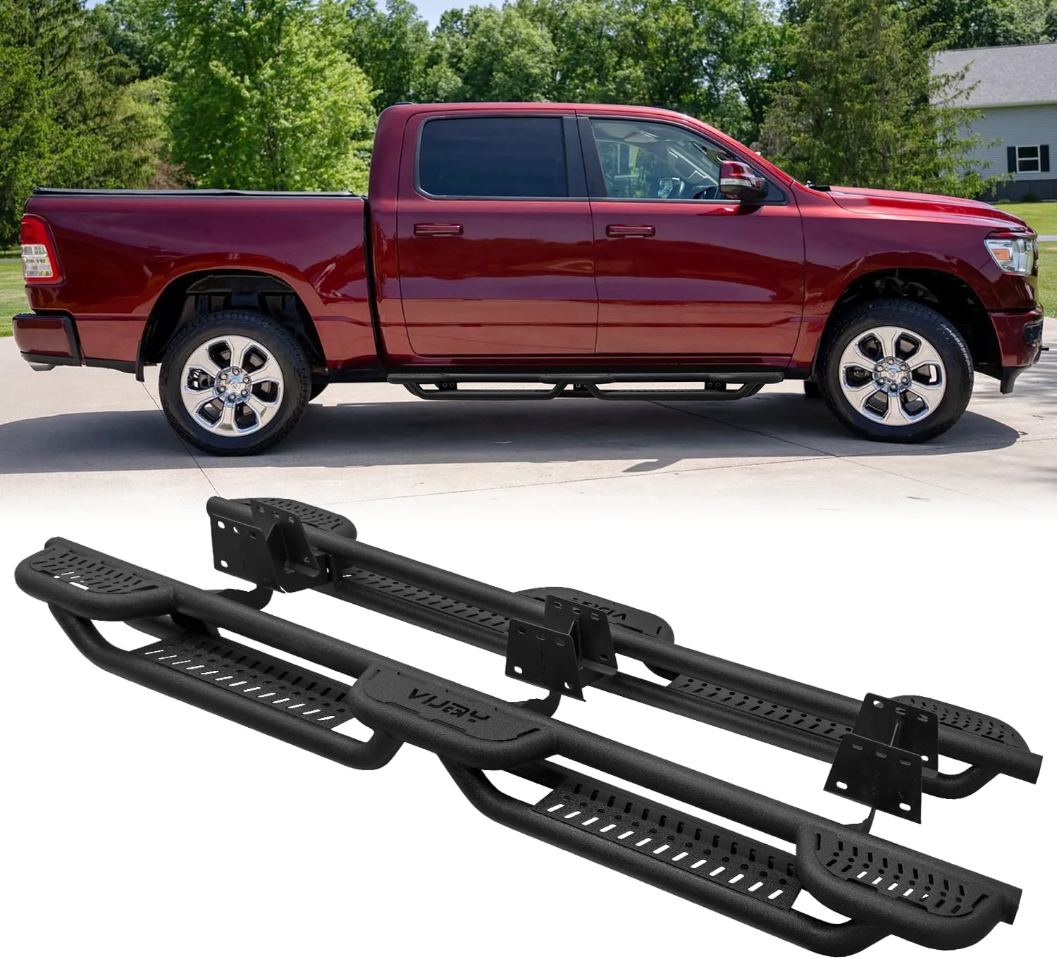 Side Steps I Running Boards Compatible with 2019-2026 Dodge Ram 1500 New Body Style Crew Cab,Bolt-on Nerf Bar Step Bars, Heavy-Duty Steel,Three Raised Steps Design,(Black Model)