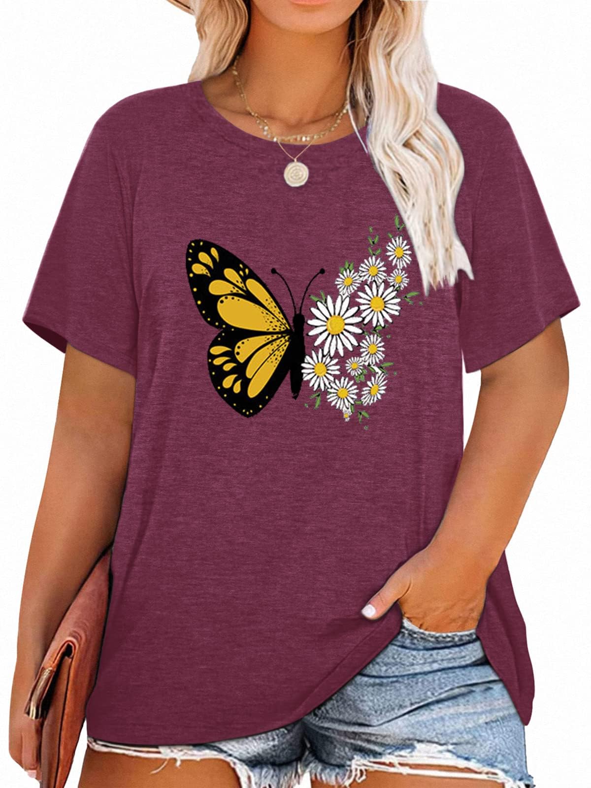 HDLTE Women Plus Size T Shirts Short Sleeve Casual Daisy Shirt Tops Graphic Tees