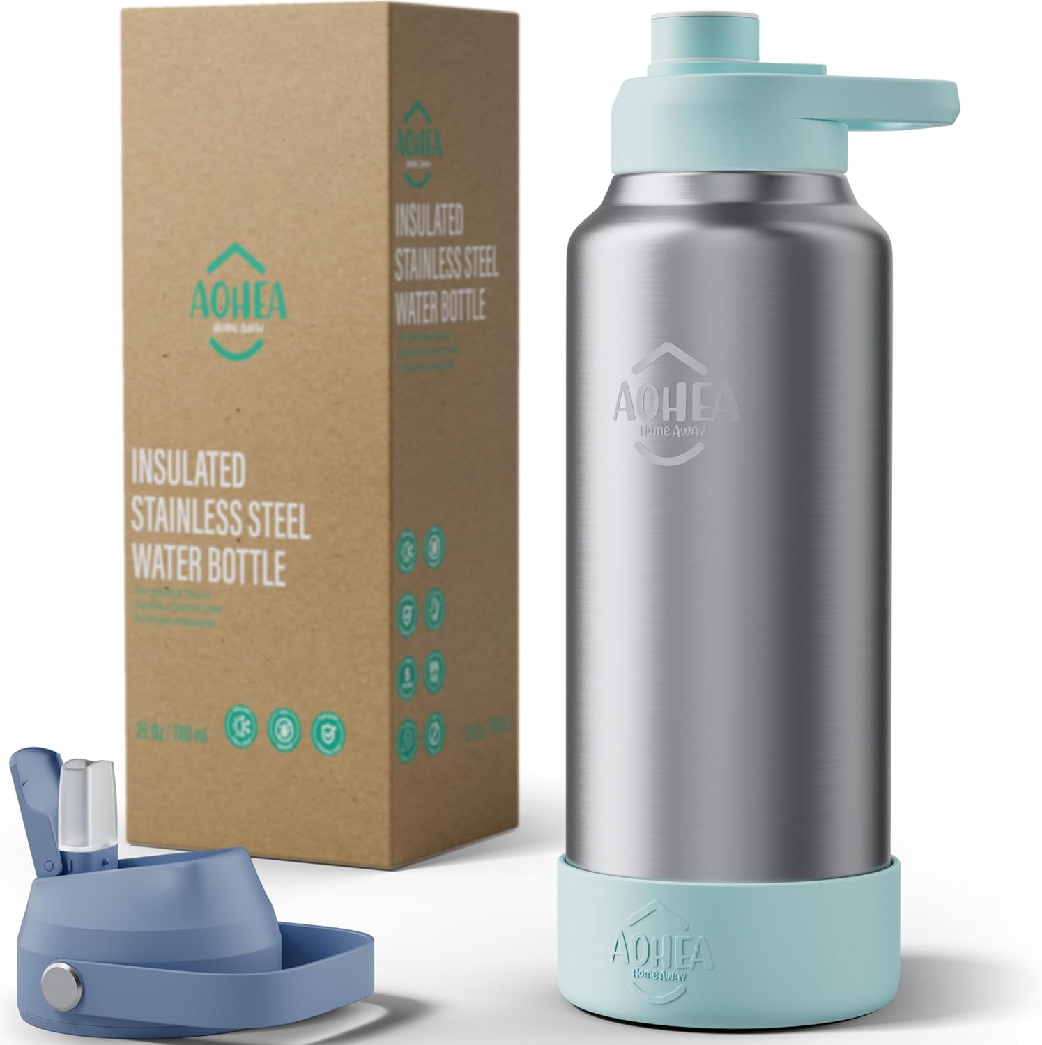 32oz(26+6) oz Insulated Water Bottle with straw and Hidden storage(6oz), Stainless Steel Double Walled Vacuum Sports Water Bottle with 2 Lids for Gym Camping Hiking (Blue, 32oz) - Image 2