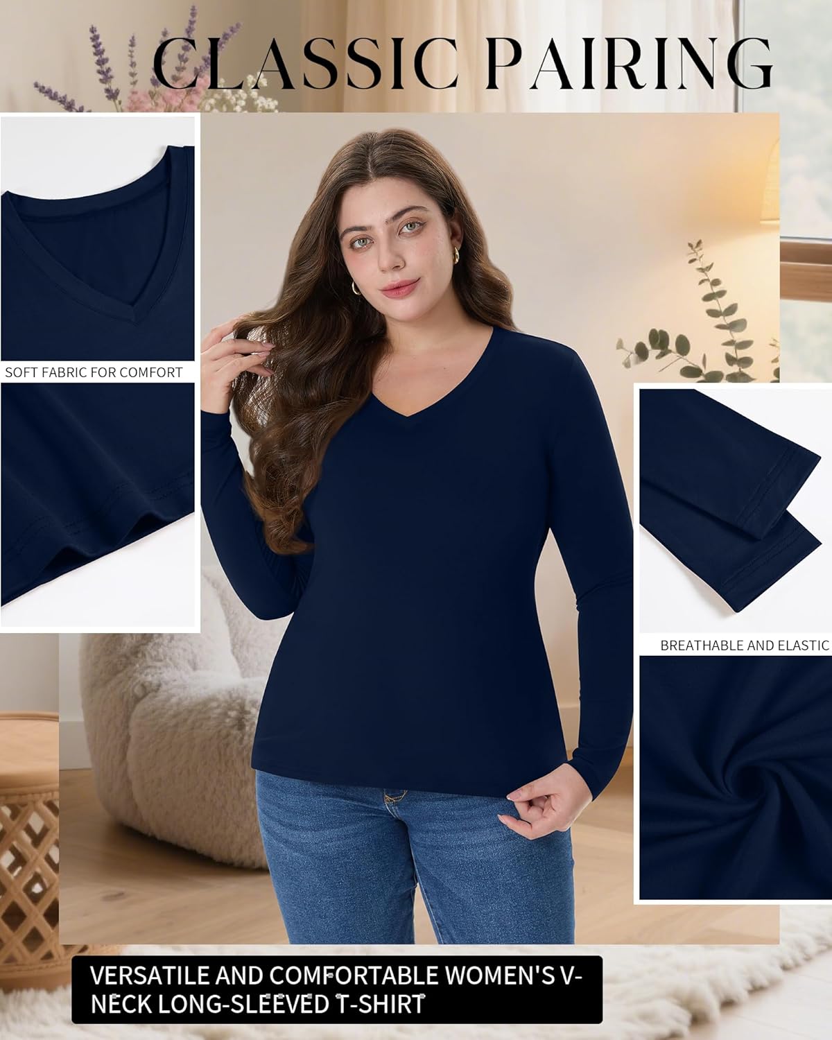 4 Pack Women's Plus Size Long Sleeve Shirts V Neck Slim Fitted Basic Tops Casual Layering Tee Undershirts - Image 3