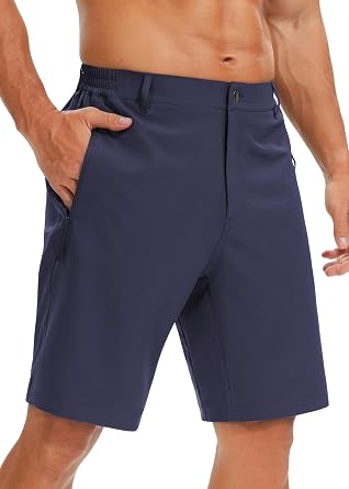 Mens Casual Shorts 9" Lightweight Golf Shorts with 3 Zipper Pockets Quick Dry Stretch Comfy Work Shorts Hiking