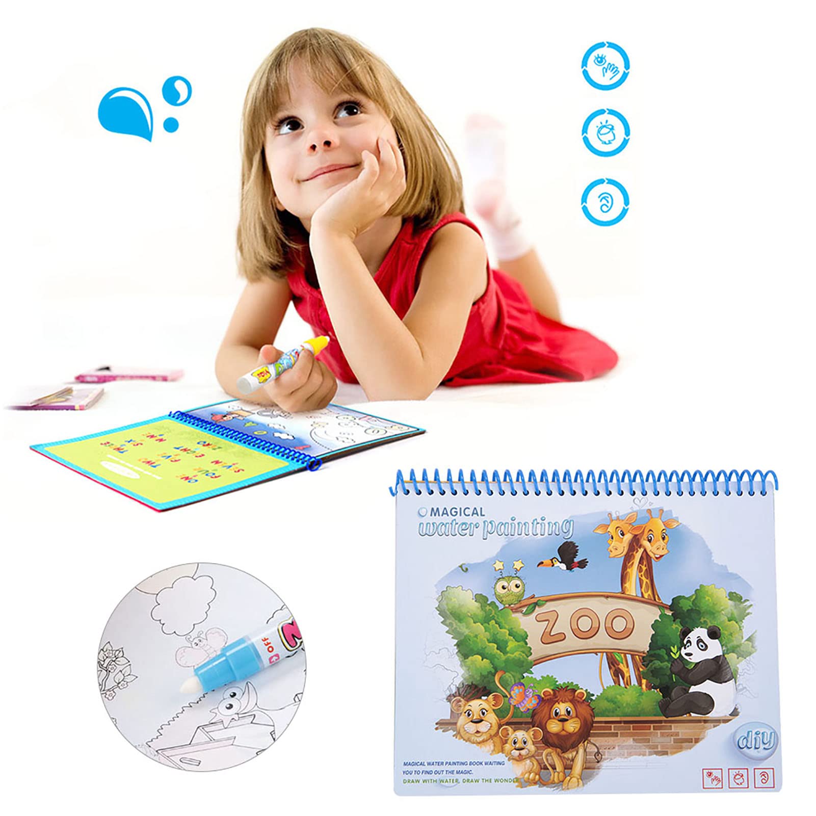 Livre De Coloriage à L'eau Réutilisable Pour Bébé - Zoo, Stylo Inclus, Dessin Magique Pour Enfants 3+