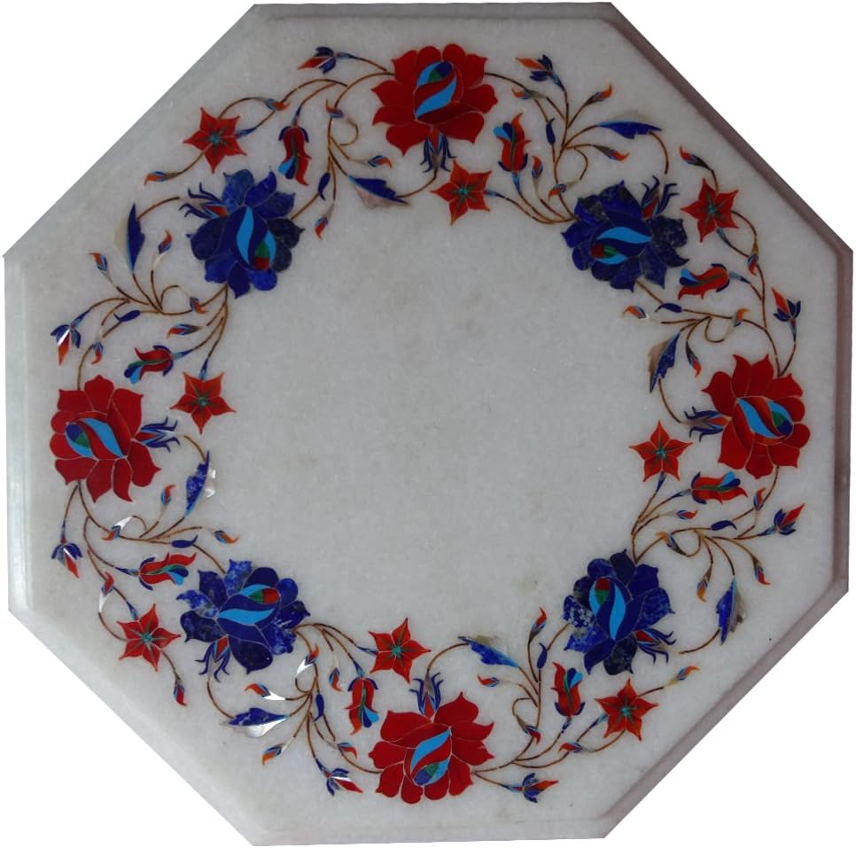 Antique White Marble Inlay Table top Carnelian Stones, Coffee Tables Home Decor,Inlay Art, Marble Inlay Semi Precious Stones