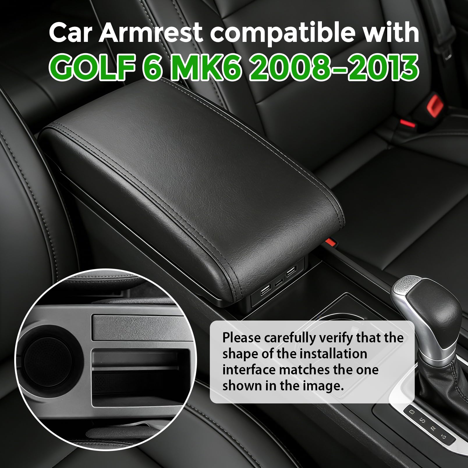 Auto Armlehne kompatibel mit Golf 6 MK6 2008-2013, Mittelarmlehne mit Doppelschichtige Aufbewahrungsbox und 3 USB Anschlüsse