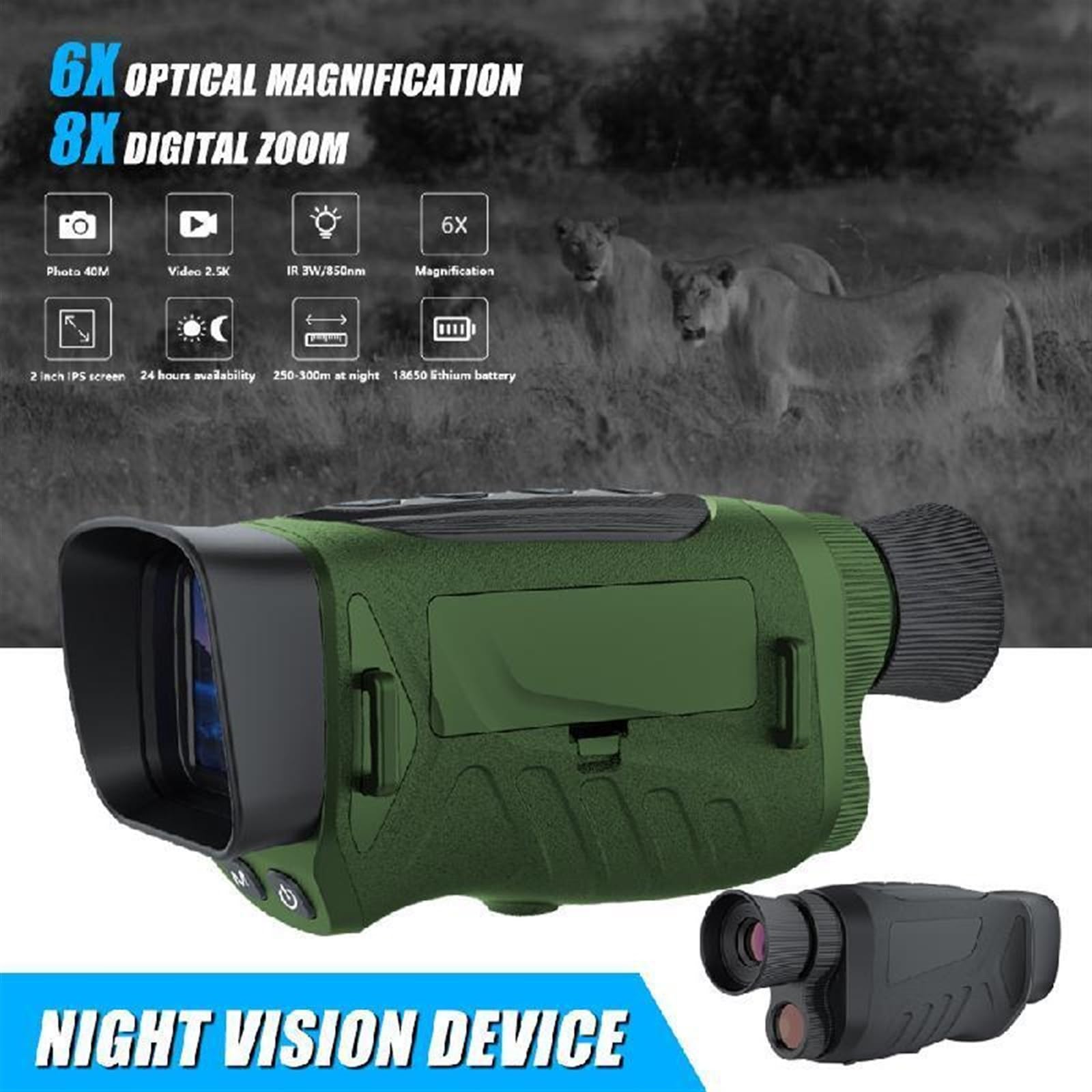 Dispositivo de visión nocturna infrarroja Monocular, 2,5 K, UHD, 1080P, uso diurno y nocturno, foto y vídeo, 8X, Digital, 300M, visión completamente oscura, a distancia(Nero)