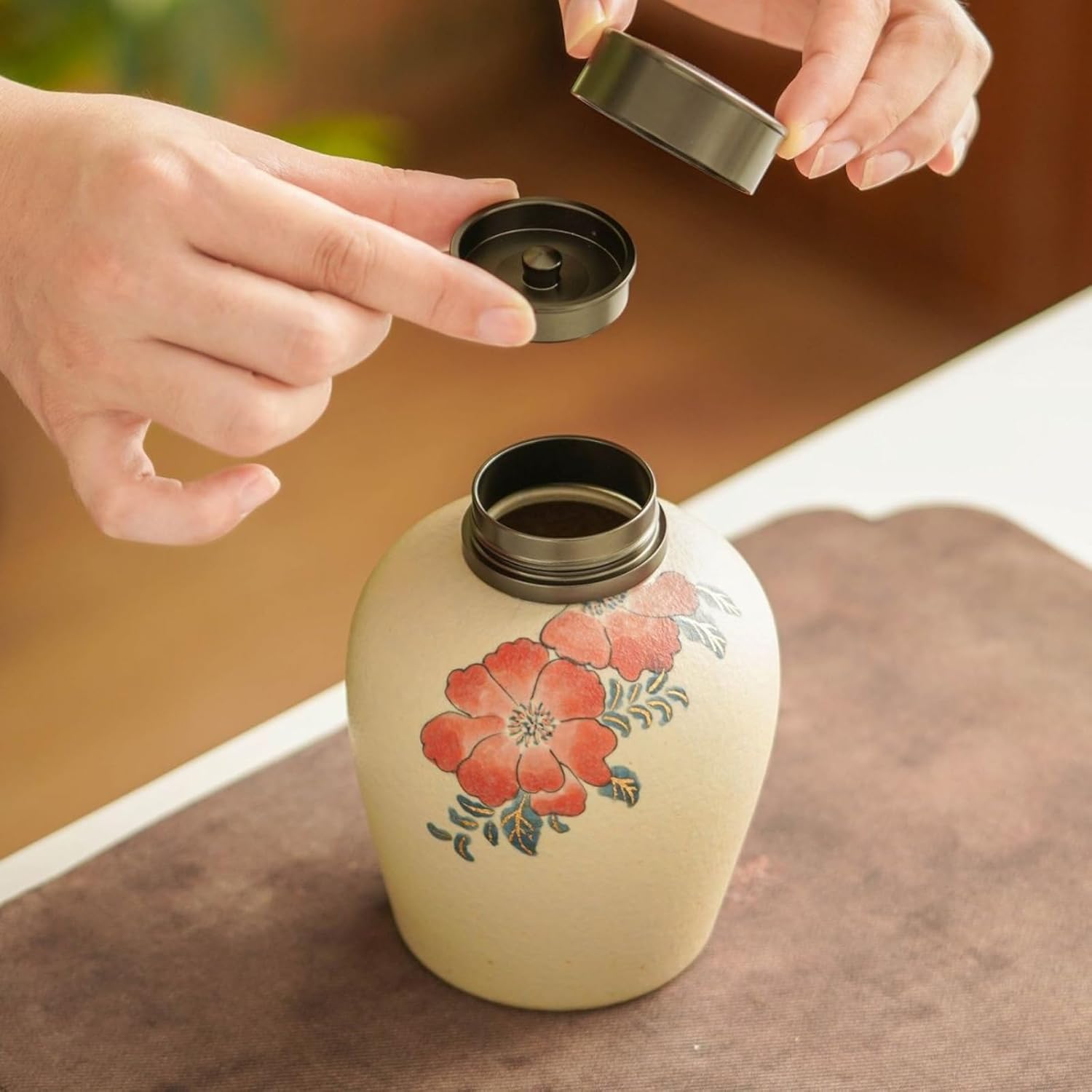Ceramics Portable Tea Canister, 560ml 19.0oz, Chinese Kung Fu Tea Set Accessories