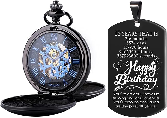 ManChDa Pocket Watch - Double Engraved Skeleton Dial Retro Mens Mechanical Watch Golden Movement with Chain + Gift Box