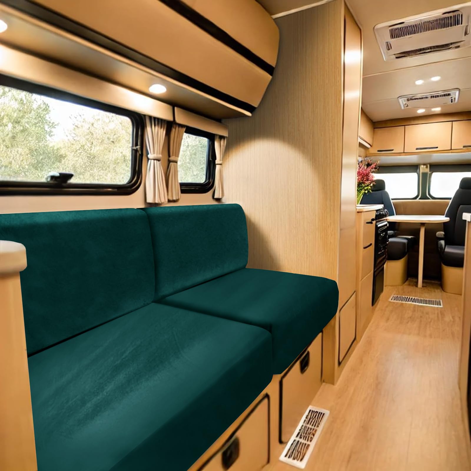 SYLC Stretch Caravan Seat Covers, Non-slip Motorhome Seat Covers for Lounge with 2 Straps, Velvet Sofa Cushion Covers for Couch Camper Bench (dark green,Rectangle S) โ image 1