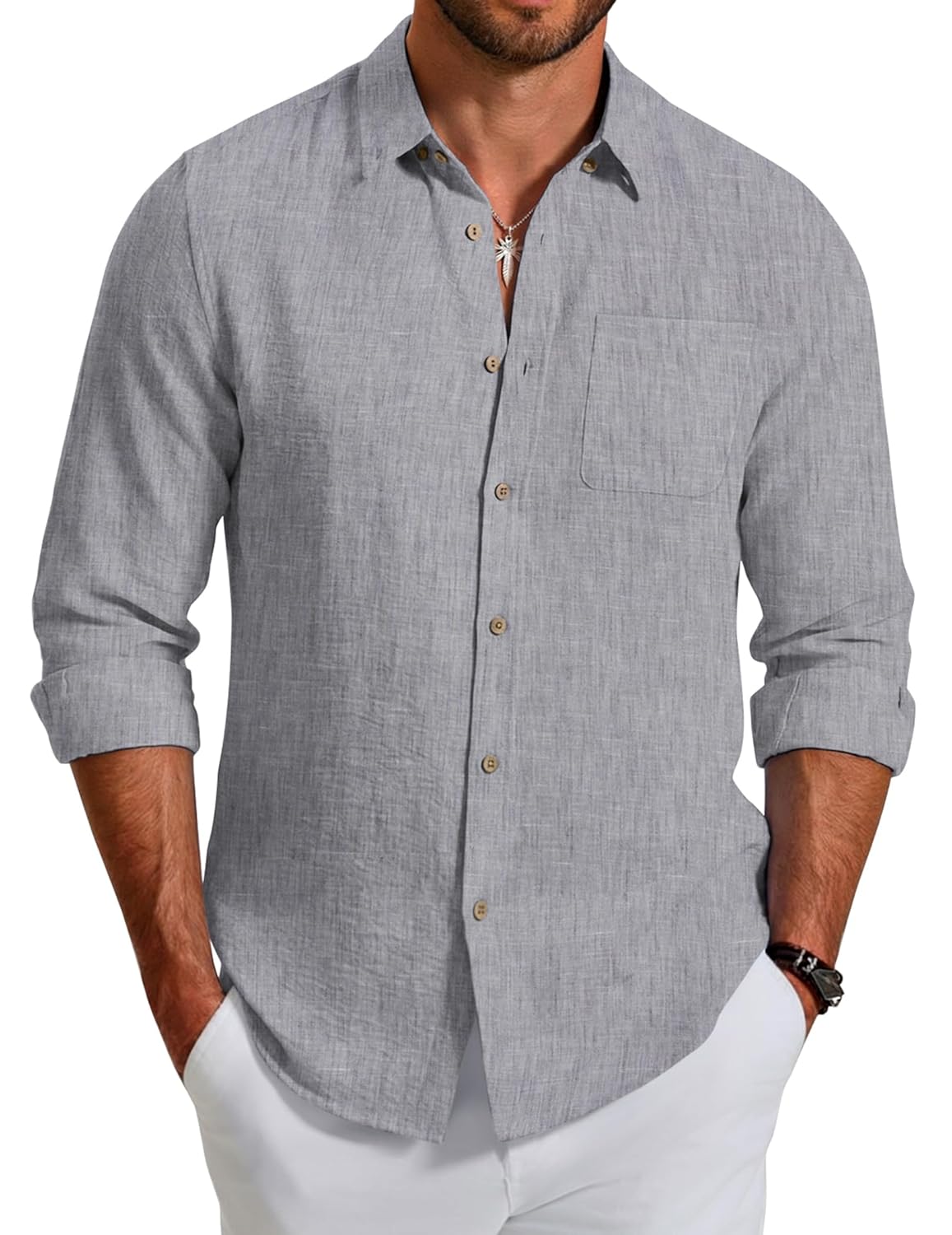 COOFANDY Mens Long Sleeve Button Down Shirt Casual Untucked Shirts Summer Beach Wedding Linen Textured Shirts