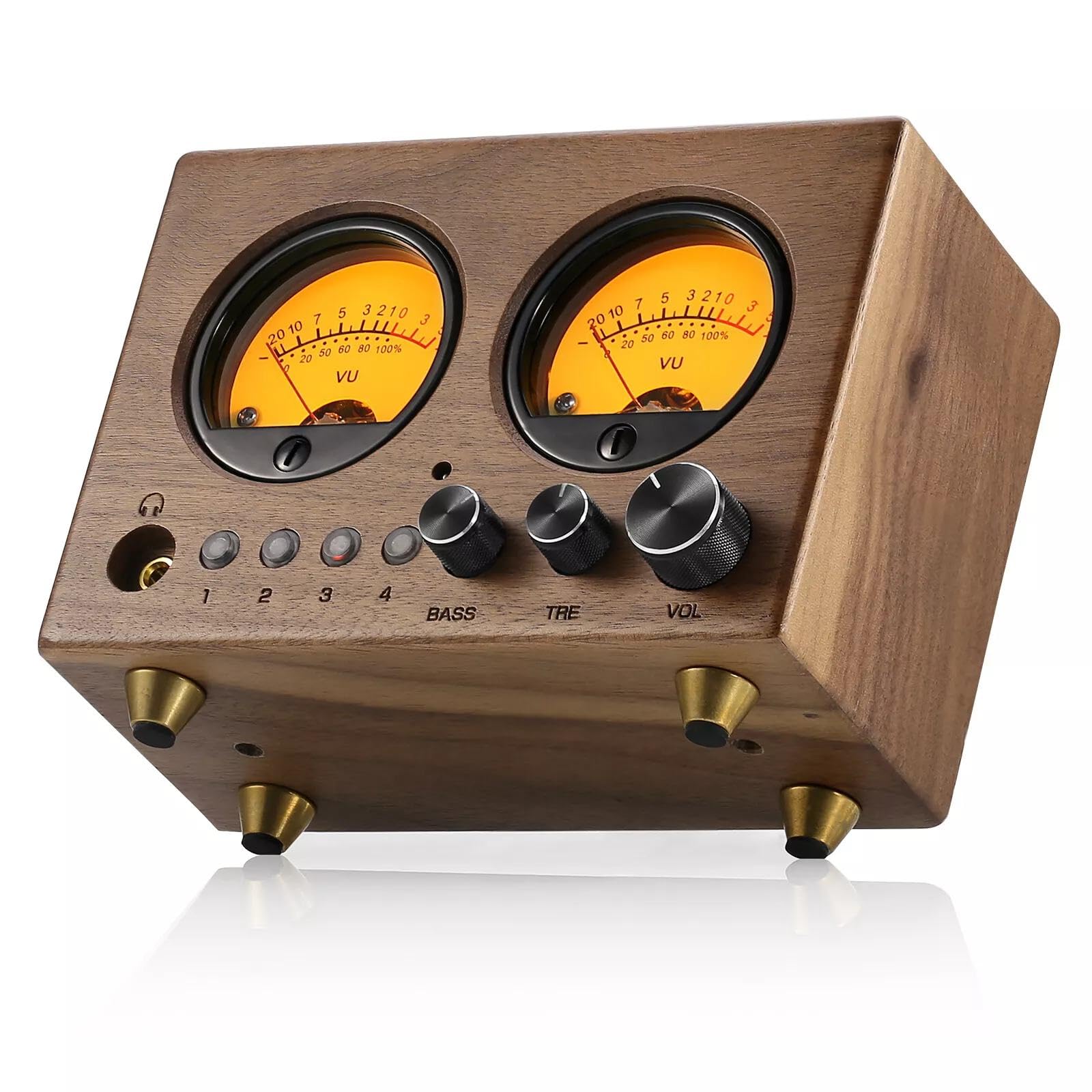 Nobsound VU1-W オーディオセレクター: 4IN1OUT切替 ベース/トレブル調整 45mmVUメーター 5段階調光 スタジオ/ホームシアター向け 木目デザイン