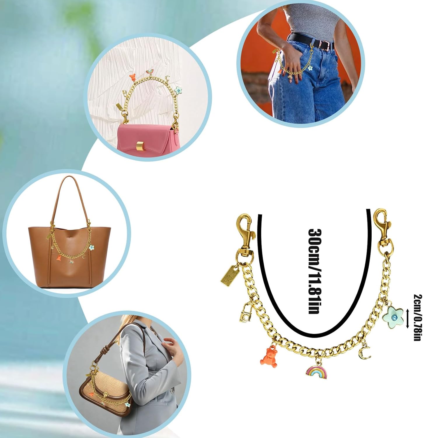 Metal Lock Bear Rainbow Flowers Wallet Chain Keychains Bag Charms Cute Purse Charms Purse Accessories For Women (gold) - Image 2