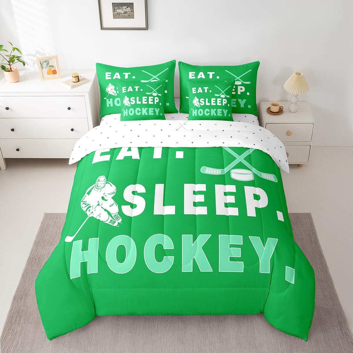 jejeloiu Green Ice Hockey Comforter Set 7 Pieces Full Size Ice Sports Games Bedding Set All Season Hockey Player Puck Hockey Bed in a Bag Winter Sports Bed Set with Comforter, Sheet Set, Pillowcases