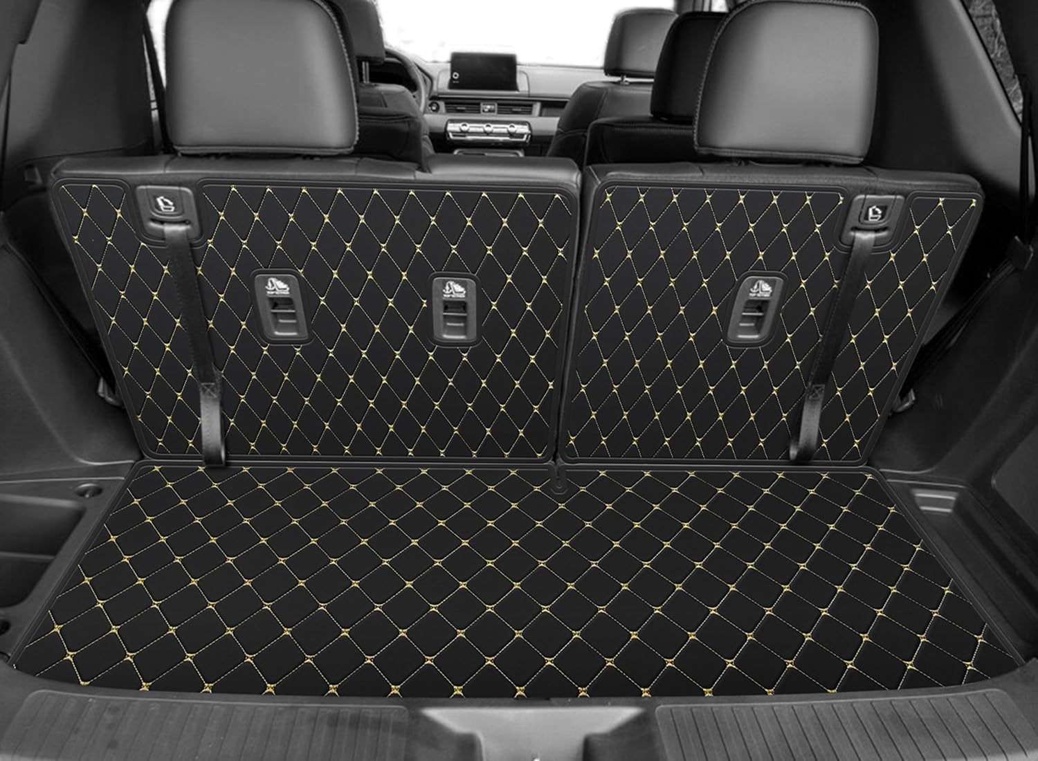 Cargo Liner & Backrest Mat Fit for Honda Pilot 2016-2025 : Leather Trunk Mat Back Seat Cover Protector - All Weather Protection PU Leather Cargo Mats and Backrest Mat Pilot Accessories Black Gold 16-25 Pilot