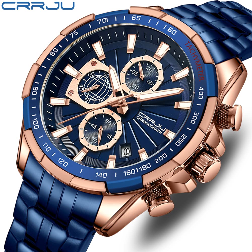 CRRJU Orologi al quarzo analogici casual da uomo alla moda per uomo con cronografo da polso, orologio impermeabile con cinturino in acciaio inossidabile blu, Blu e blu.