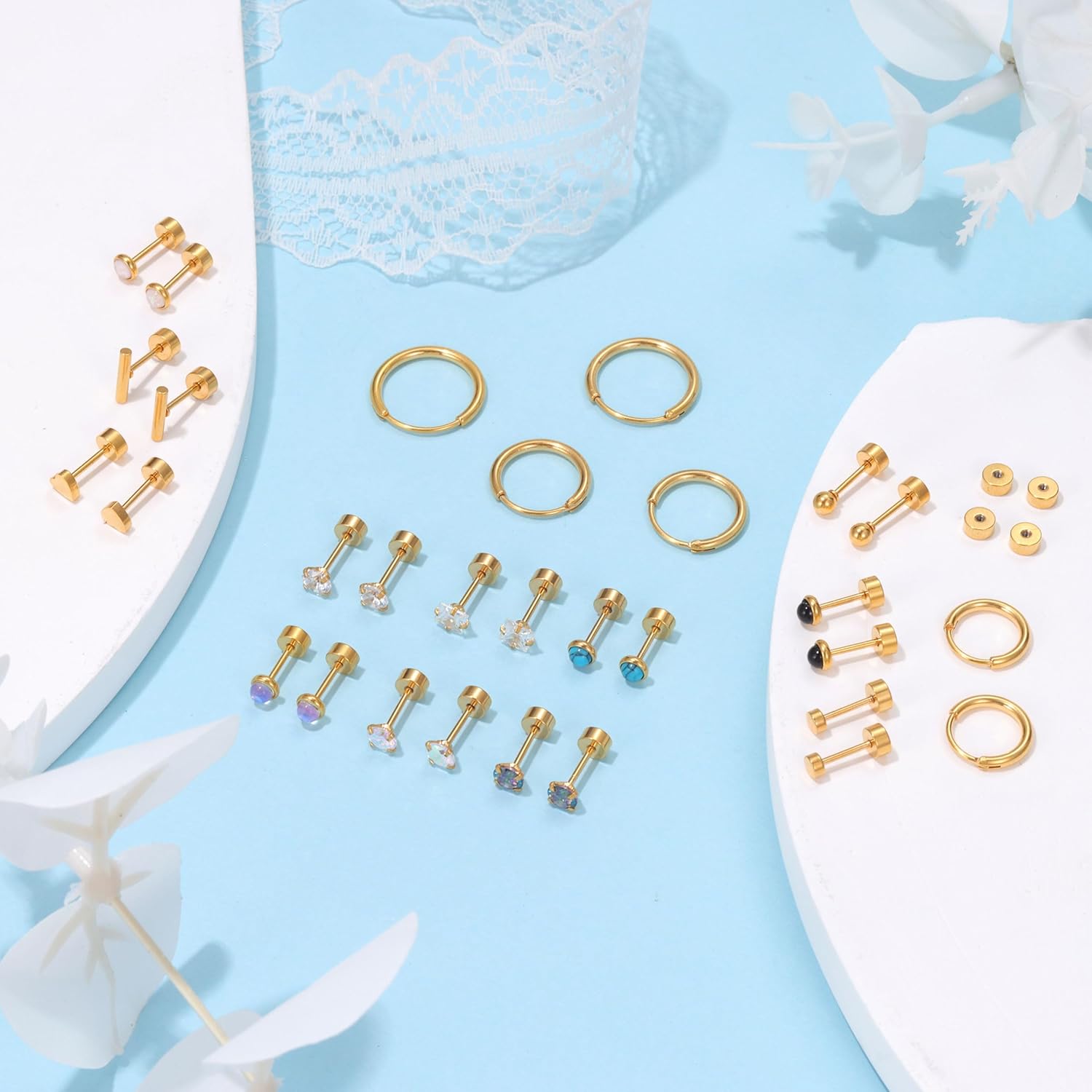 PLOMFOV Flat Back Earrings Gold Earrings for Women Men Stainless Steel Earrings Set CZ Heart Opal Surgical Steel Earrings Gold Studs 20G Cartilage Hoop Earrings Hypoallergenic for Sensitive Ears - Image 6