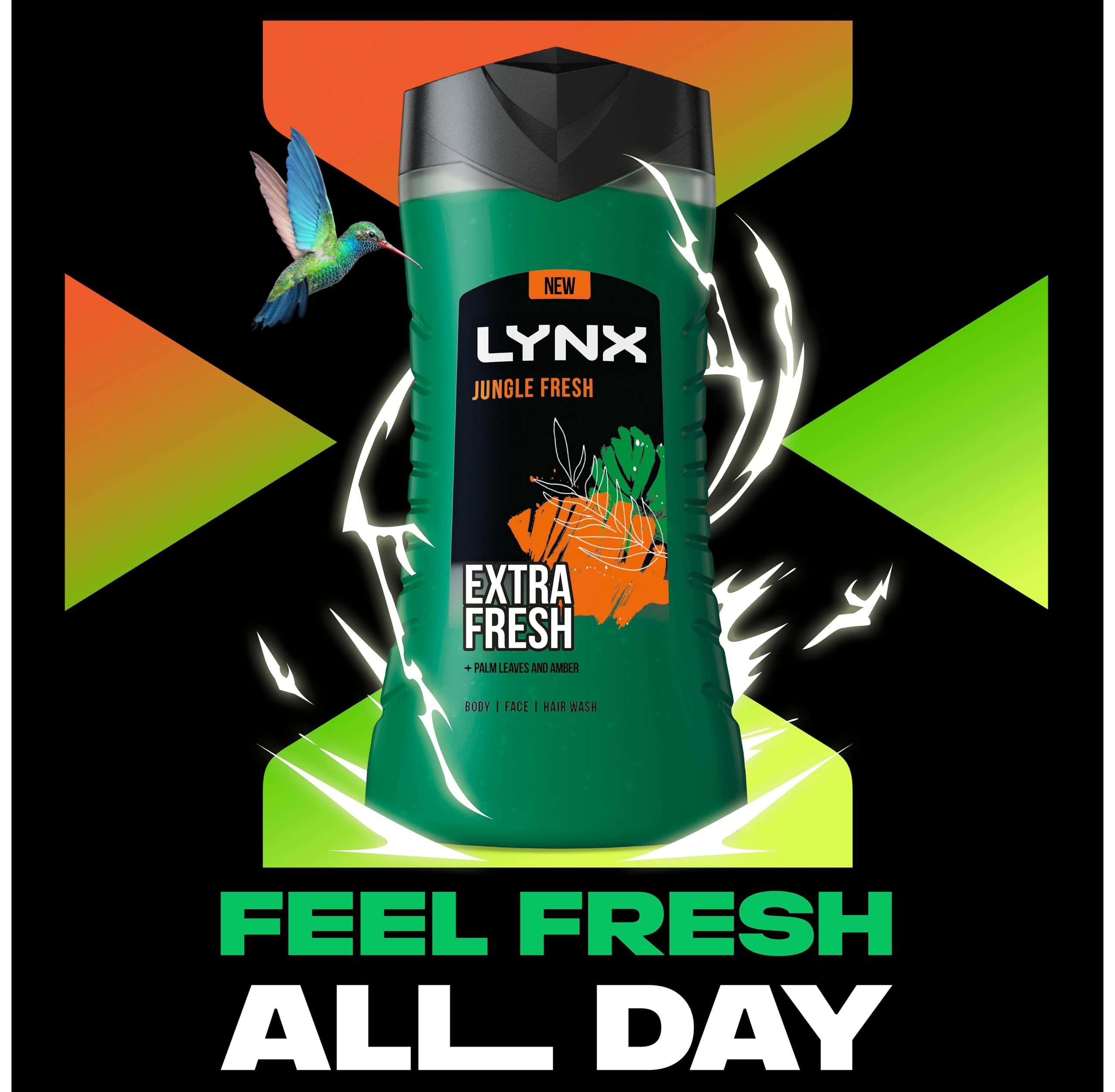 Lynx Jungle Fresh 3-in-1 Body Wash hair, face and body cleanser with a palm leaves & amber scent for a refreshing shower 6x 500 ml - Image 2